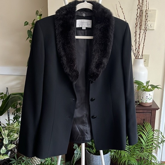 🖤 TAHARI By Arthur S.Levine Fur Collar Black Coat Jacket Vintage-Women 10 - Picture 2 of 16
